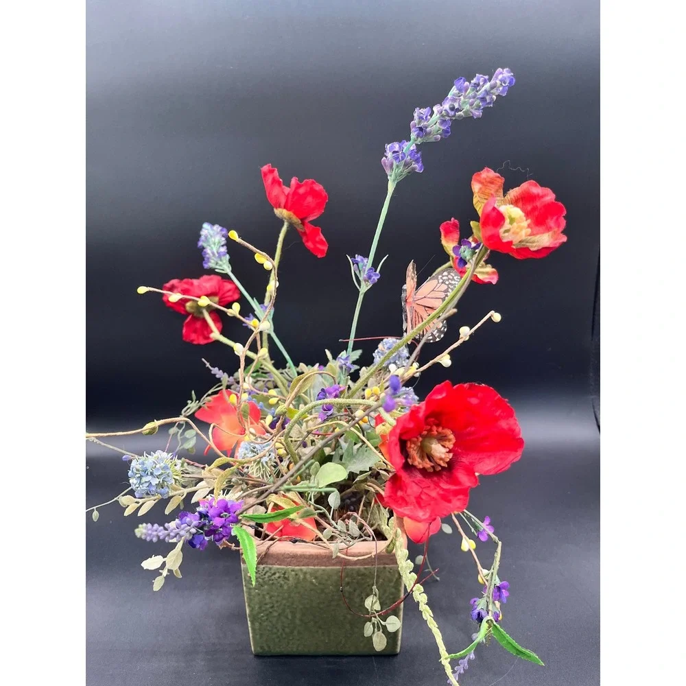 Flower Arrangement Greenery Poppies Lavender Butterfly Rustic Green‎ Ceramic Pot